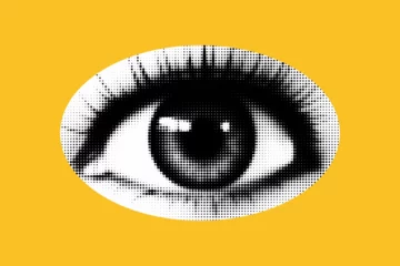 Foto op Aluminium An eye cut out as if from a magazine. Isolated as png.. Vector halftone elements for collage on yellow background © annetdebar
