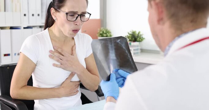 Patient with coughing fits at doctor appointment with x-ray. Pneumonia and asthma concept