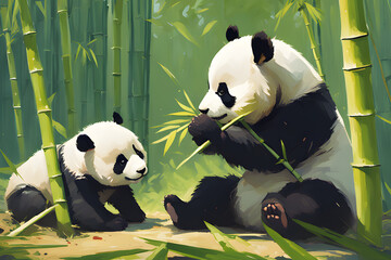 two baby panda bears eating bamboo acrylic painting trending on pixiv fanbox palette knife and br.png. Generative AI