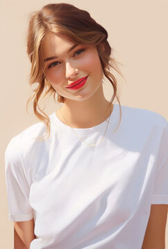 Joyful Woman with Brown Hair and White Shirt on a Light Background, created by generative AI technology.
