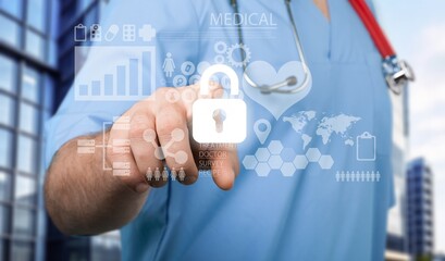 Medical cybersecurity concept, doctor hold icons