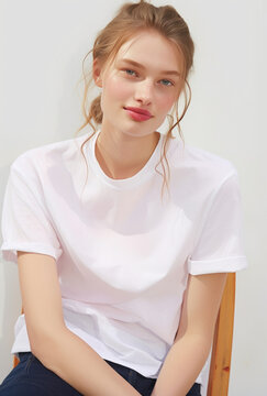 Joyful Woman with Brown Hair and White Shirt on a Light Background, created by generative AI technology.