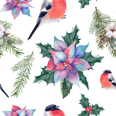 Seamless pattern of bullfinches, poinsettia, cotton and fir branches. New Year and Christmas. Watercolor illustration.