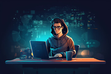 flat character sitting in front of a desk with a laptop on it. writing code | Generative Ai