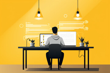 flat character sitting in front of a desk with a laptop on it. writing code | Generative Ai
