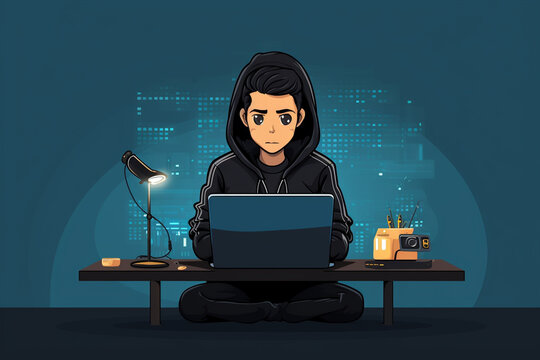 flat character sitting in front of a desk with a laptop on it. writing code | Generative Ai