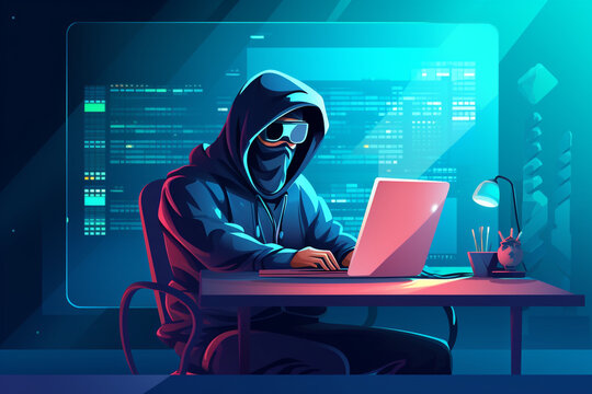 flat character sitting in front of a desk with a laptop on it. writing code | Generative Ai