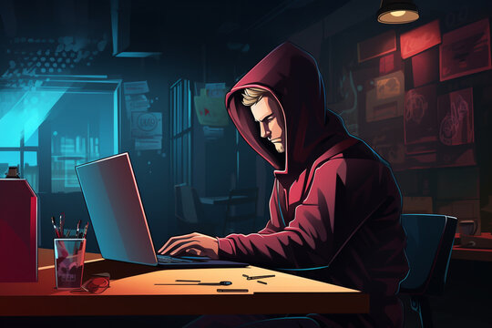 flat character sitting in front of a desk with a laptop on it. writing code | Generative Ai