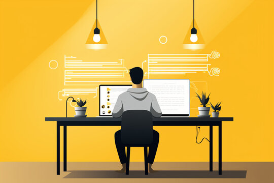 flat character sitting in front of a desk with a laptop on it. writing code | Generative Ai