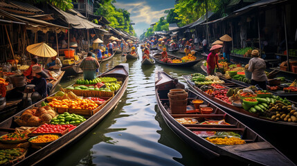 Floating market in Asia, boats with goods. ai generative