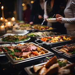 Buffet service for any festive event, party or wedding reception, fancy clothes. Generative AI. - obrazy, fototapety, plakaty
