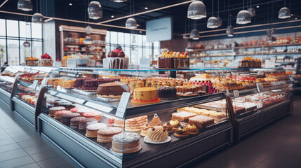 Confectionery department of baking in a supermarket. ai generative