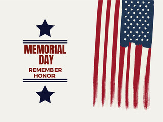 Memorial Day - Remember and Honor Poster. USA memorial day celebration. American national holiday. Invitation template with red text and waving us flag on white background. Vector