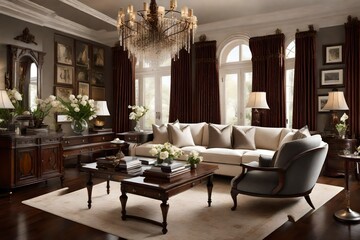 A traditional living room with elegant furniture, a crystal chandelier, and rich, dark wood accents.
