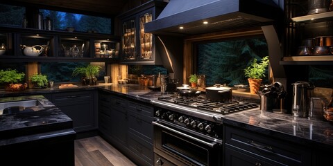 A black kitchen with a stove top oven.
