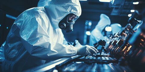 A man in a protective suit working on a machine. Workers in protective wear in industrial manufacturing cleanroom environment. - obrazy, fototapety, plakaty