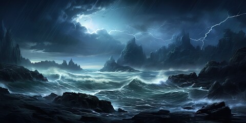 A rocky coast during a thunderstorm, lightning striking the sea and illuminating the frothy waves. - obrazy, fototapety, plakaty