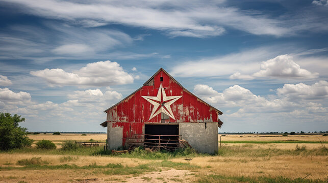 An abandoned old barn with a Texas icon is located in the state's rural area, surrounded by farmland. ai generative