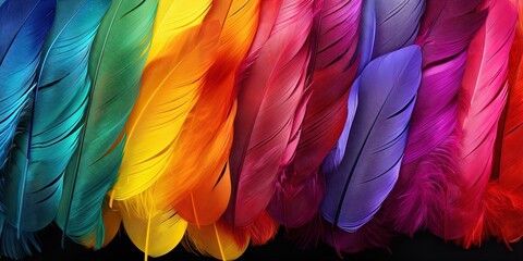 Abstract feather banner panorama wallpaper - Colorful rainbow colors colored feathers, isolated on black background