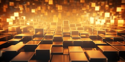 Obraz premium Abstract geometric metallic gold 3d texture wall with squares and square cubes background banner illustration with glowing lights, textured metal