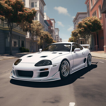 White Tuned Toyota Supra on a City Street in Midday 