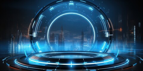 Abstract technology hud interface hologram elements neon lights, circle percent vitality innovation on hi tech future design.