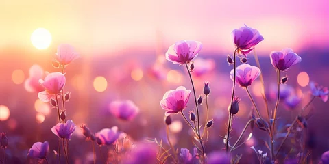 Foto op Aluminium Beautiful colorful meadow of wild flowers floral background, landscape with purple pink flowers with sunset and blurred background. Soft pastel Magical nature copy space © Coosh448