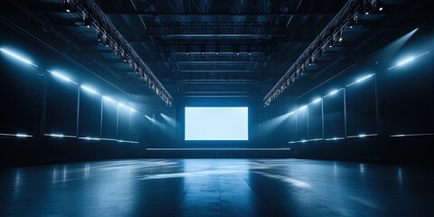 Empty stage for event or business conference with big blank screen mockup. Screen aspect ratio is 16: 9. Modern convention hall for presentation or concert template. - Powered by Adobe
