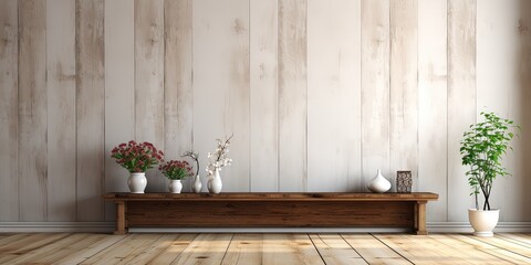 Front view of a blank wall in a room with wooden planks. a mockup
