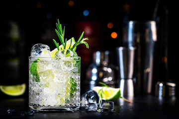 Gin fizz cocktail drink with dry gin, lime juice, sugar syrup, soda, fresh rosemary and ice. Black bar counter background, steel bar tools and bottles