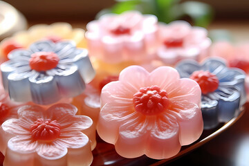 Luk chup candies in shape of flowers. Thai cuisine. Close-up. - obrazy, fototapety, plakaty