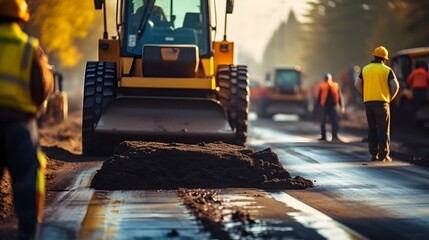 New Asphalt Road Construction. Road Workers and Construction Machinery on the Construction Site