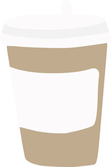 Blank paper coffee cup, lid isolated on background. Hot drink, takeaway beverage. Hand drawn vector illustration, icon. Flat Style. Decorative design object for cafeteria, posters, cards. Breakfast