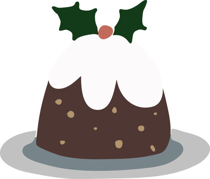 recommend clip art: Christmas pudding cake with holly leaves an red berries on plate. Festive pastry covered by white sugar icing. Isolated vector illustration object, clipart. Traditional winter sweet food. Baking icon
