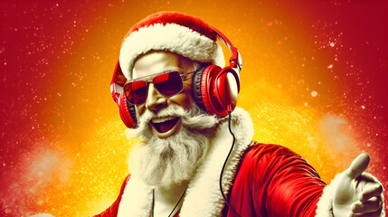 DJ Santa Claus in headphones and a red suit