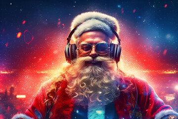 DJ Santa Claus in headphones on a blue background - obrazy, fototapety, plakaty