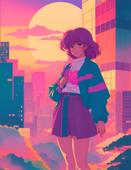 Asian girl in city pop style, 80's, vintage, pastel color, vintage fashion