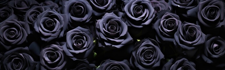 closeup view of various kinds of black roses. Black rose flower background.