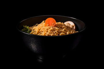 Japanese ramen noodle with pork and egg isolated on black background, food photography, Clip art, product presentation, product display, banner background