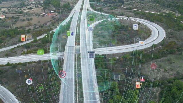 Intelligent Vehicles Cars Communicating Ai Logistic Autonomous Delivery Vehicles IoT GPS Tracking Satellite 5G Smart Roads Traffic Road Junction Interchange Motorway Triangulation Of Traffic Data