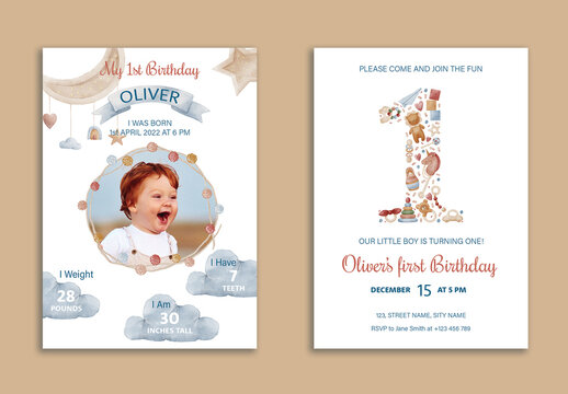 First Birthday Invitation and Baby Milestone Card Set
