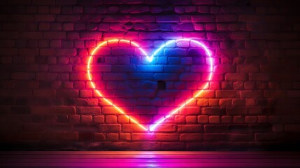 Vibrant neon heart illuminating a rustic brick wall - a symbol of love and romance for urban valentine’s day celebrations - obrazy, fototapety, plakaty