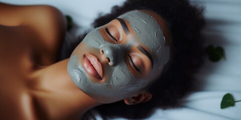 Woman with clay beauty mask smiling. Clay beauty mask.