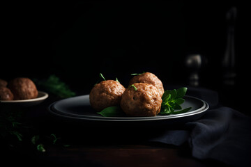 Meatballs on a wooden cutting board on a black background, food photography, product presentation, product display, banner background - obrazy, fototapety, plakaty