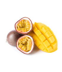 Isolated mango with lpassion fruit maracuya on white background. Clipping path included.