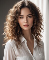 portrait of a woman with long curly hair and white shirt