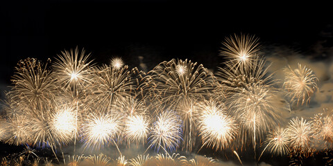 Fireworks on panoramic background, 2024 new year party, national day celebration web banner