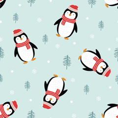 Seamless Christmas pattern with penguins on blue background Hand drawn design in cartoon style. Used for decoration, celebration wallpaper, fabric, textile Vector Illustration