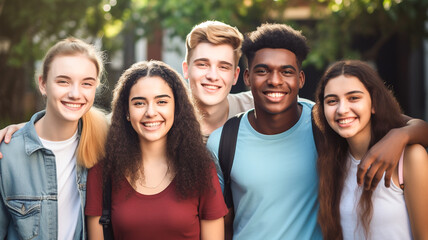 Obraz premium Portrait of multi-ethnic friends. Happy people looking at the camera smiling. Concept of community, youth lifestyle and friendship.