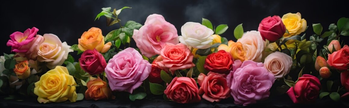 closeup view of various kinds of roses .dark natural background and flat layout.